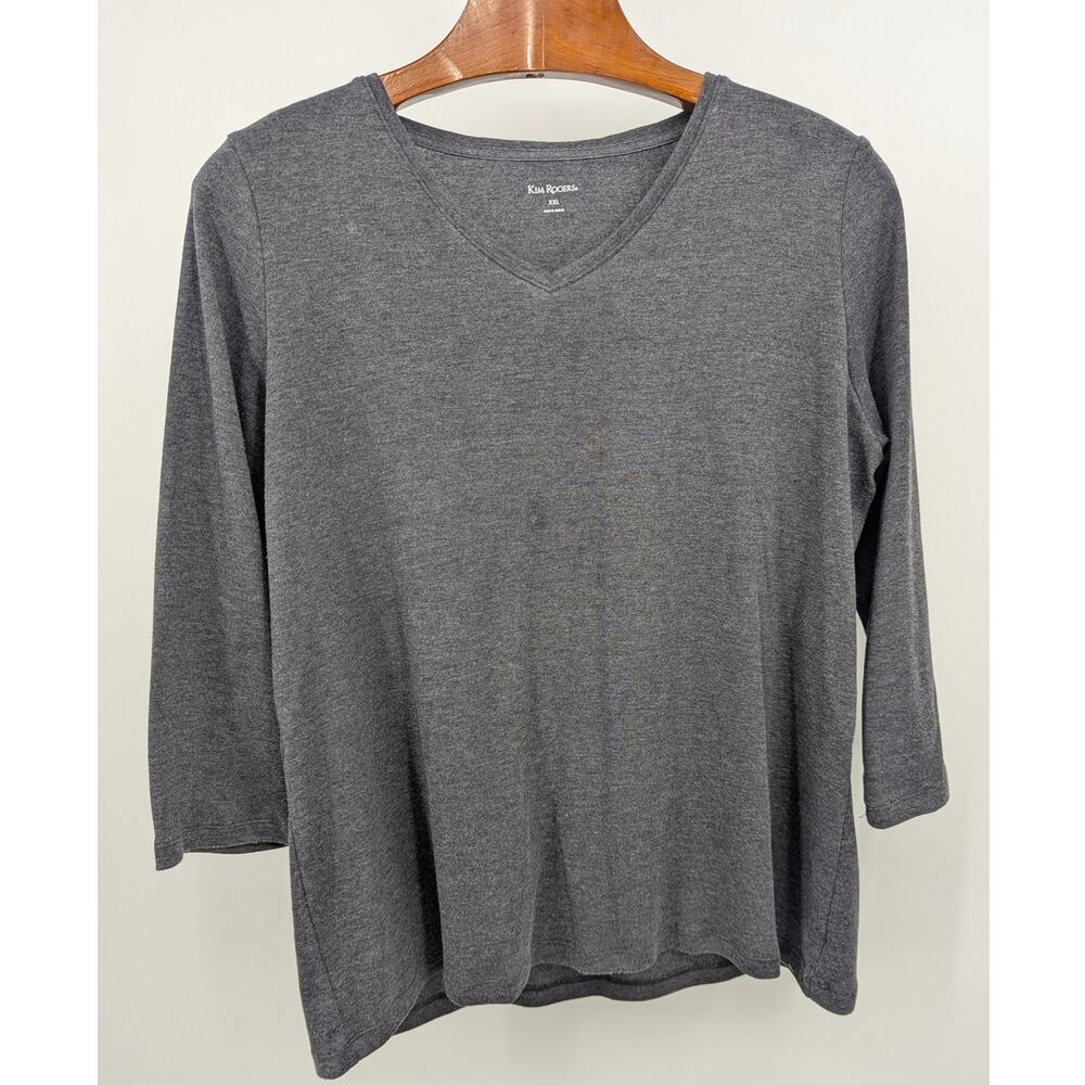 Kim Rogers 3/4 Sleeve V Neck Top Women XXL Charcoal Gray Heather Cotton Blend